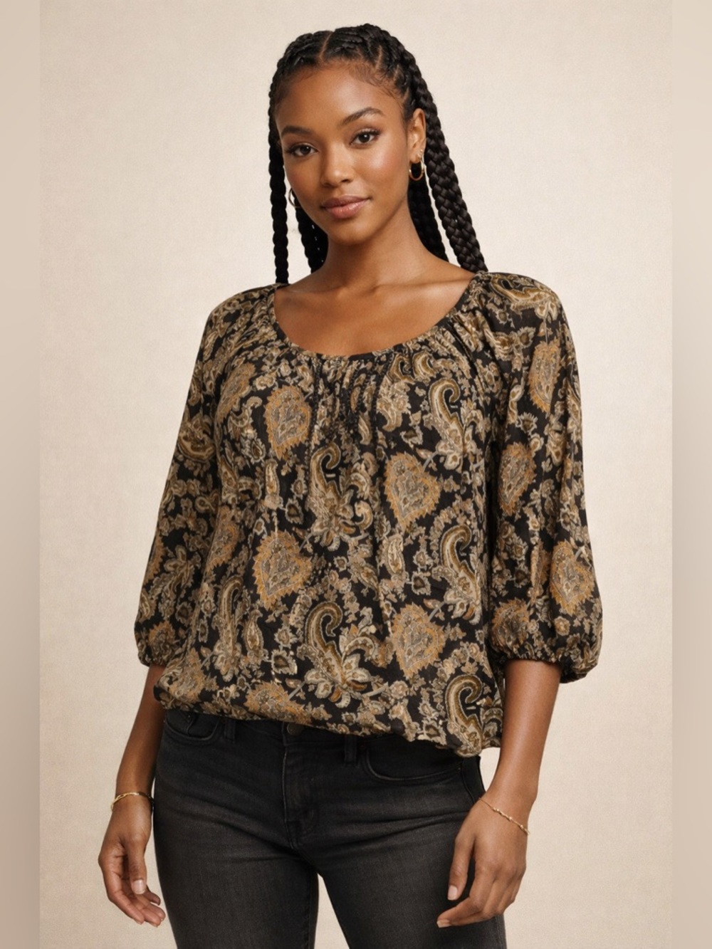 Michael Kors Black Paisley Scoop Neck Blouse with Gold & Cream Accents Medium